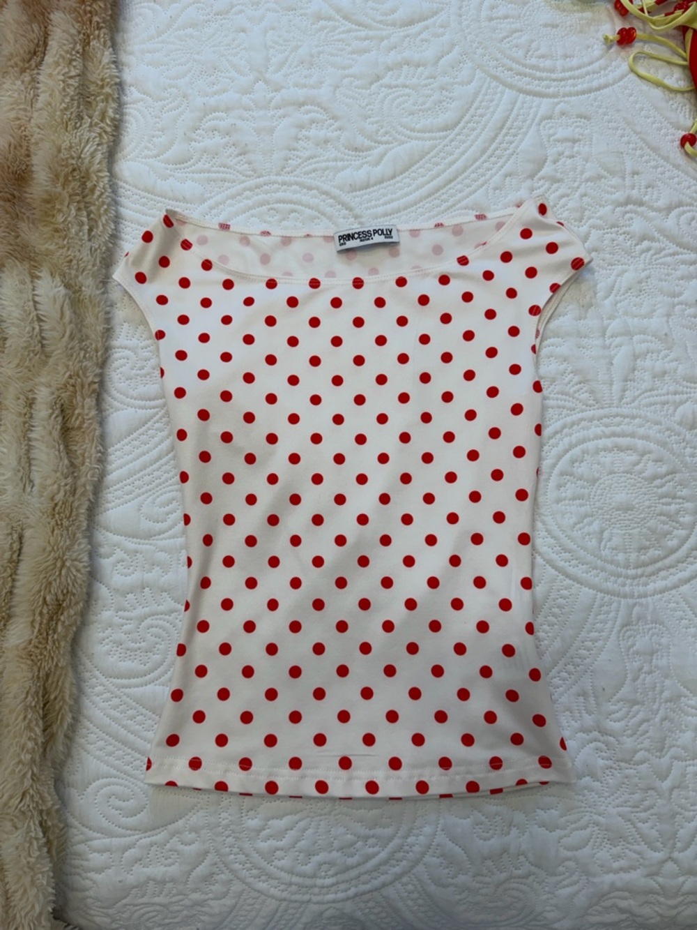 Princess Polly Cream Tank Top with Red Polka Dots